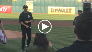 Klay Thompson throws an absolute dart of a first pitch at Bay Bridge Series