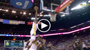 Andre Iguodala nearly jumps over Jordan Bell attempting to dunk the ball