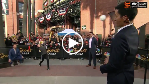 Fan hits Javier López in face with wiffle ball during Giants pregame show