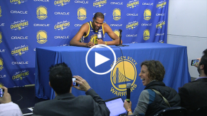 Durant jokes about jumping over table at reporter during funny exchange