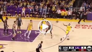 Steph throws half-court behind-the-back pass to Durant for dunk