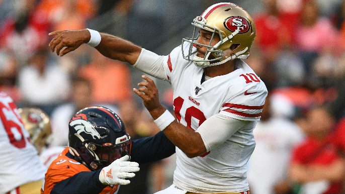 Garoppolo has more interceptions than yards in return, but 49ers run well in win over Broncos