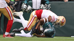 Shanahan explains why 49ers didn’t challenge DeVonta Smith catch that led to touchdown