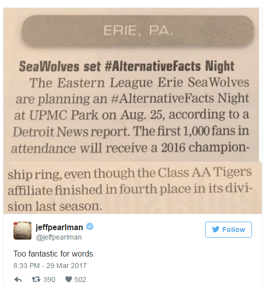 #AlternativeFacts + Baseball = Erie Seawolves