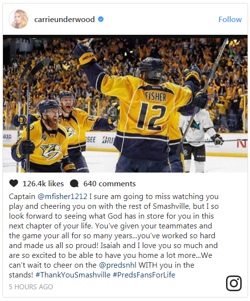 Carrie Underwood Reflects on Mike Fisher’s Career as He Announces Retirement