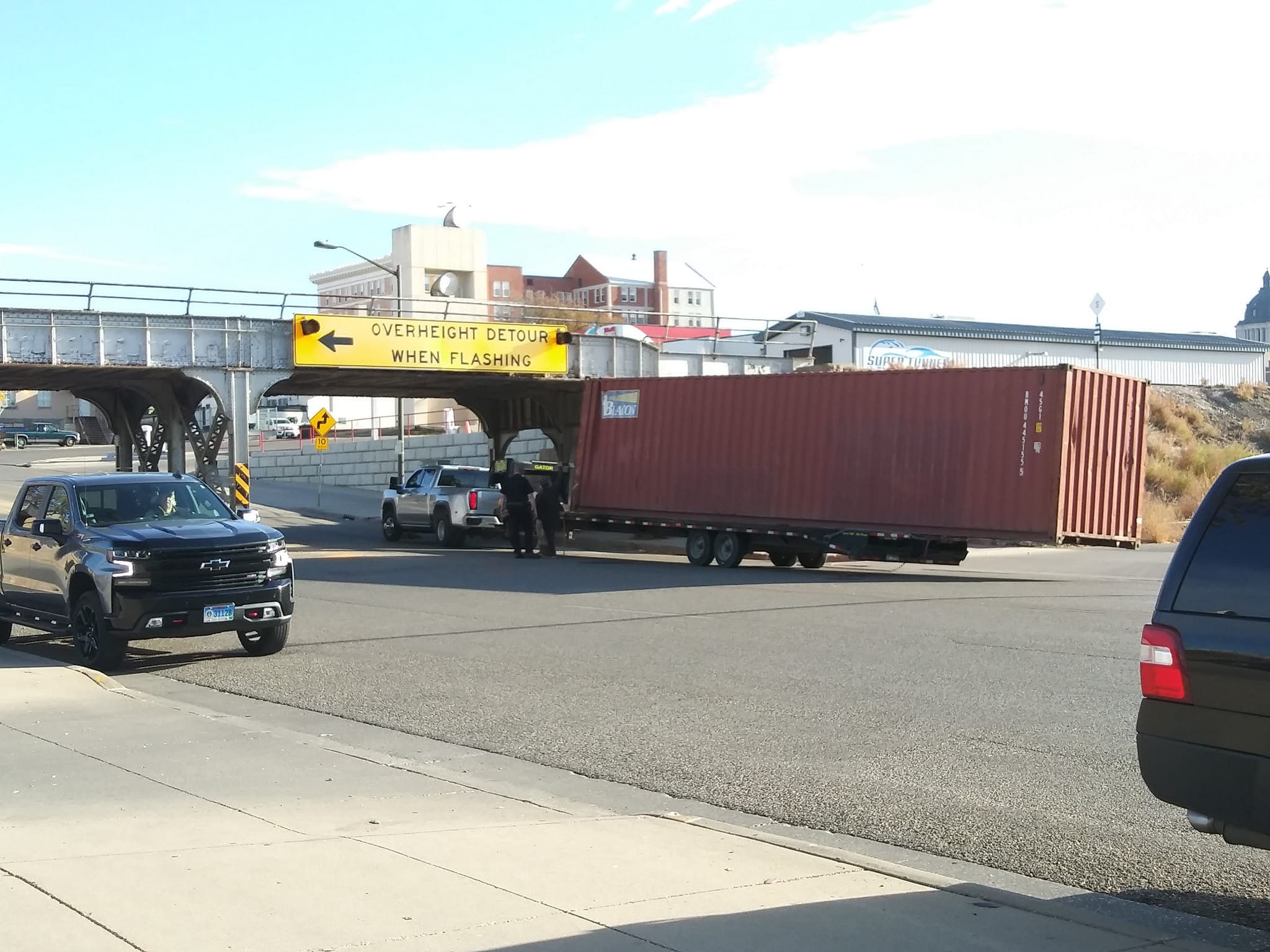 Two Trucks Take Turns At Pierre Railroad Viaduct Wednesday, And Fail