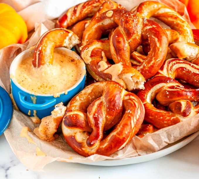 Atomic Pumpkin Beer Pretzels with Savory Pumpkin Cheese Dip