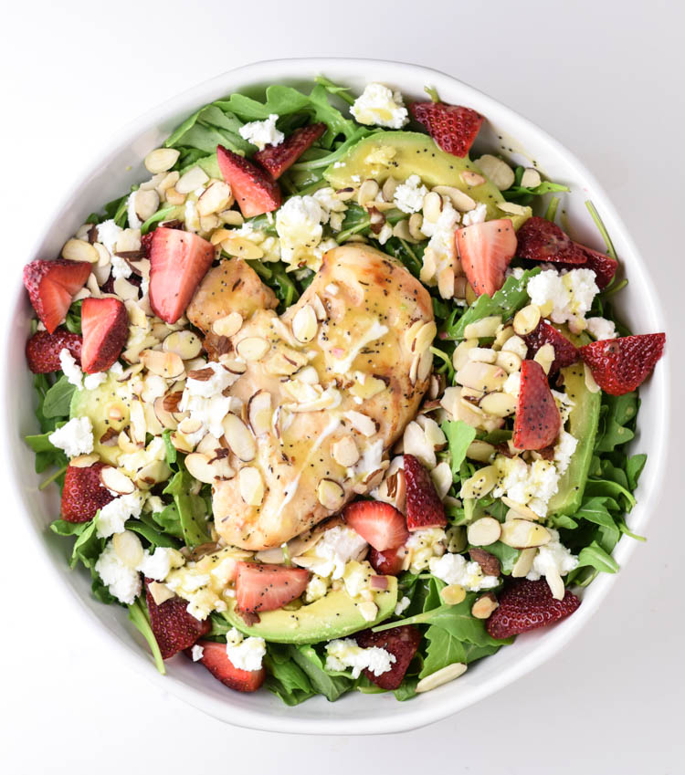 Strawberry, Goat Cheese, Avocado, Arugula Salad with Cash Flow IPA Brined Chicken and Limoncello Poppy seed Dressing