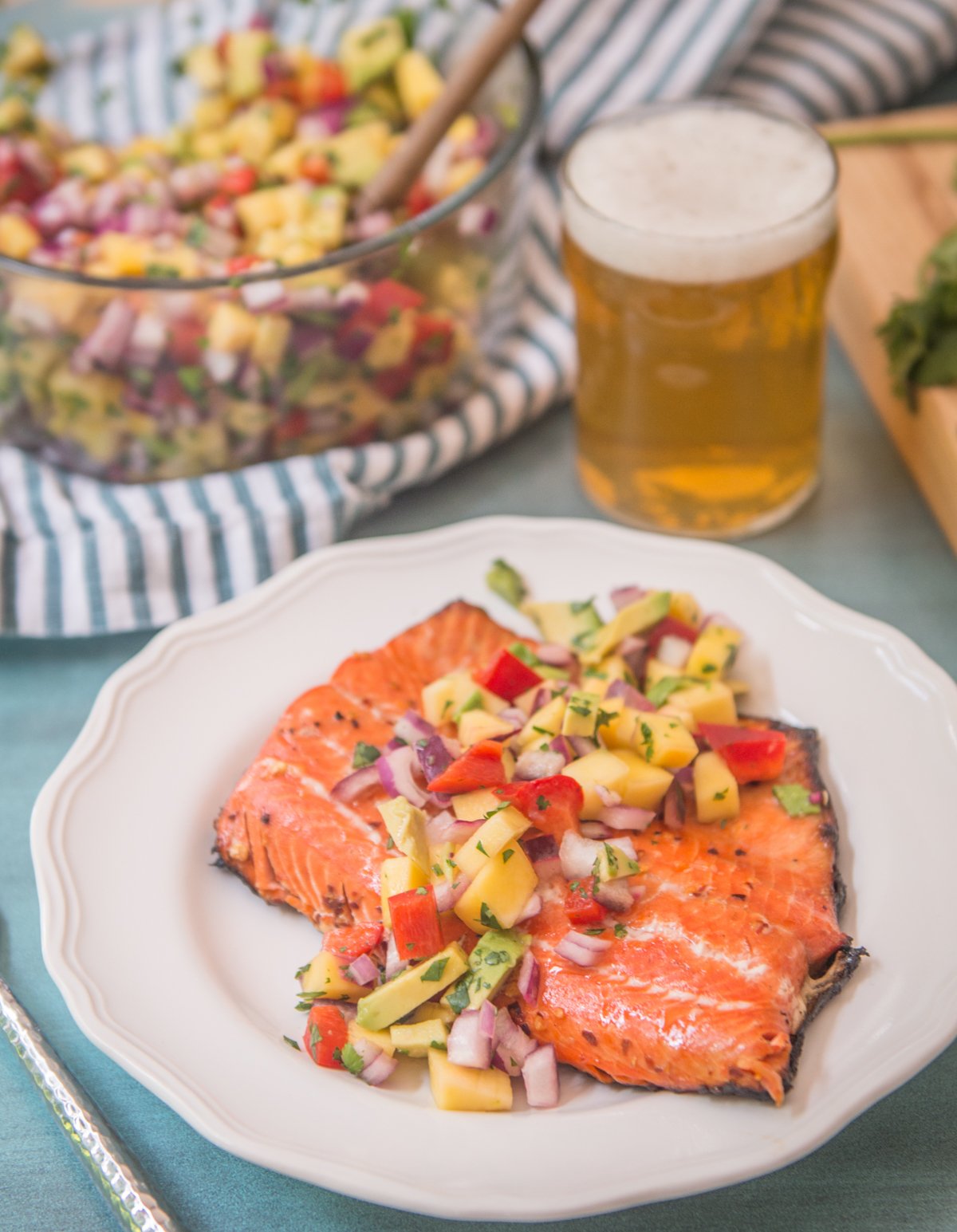 Honey Beer Glazed Salmon with Mango Avocado Salsa