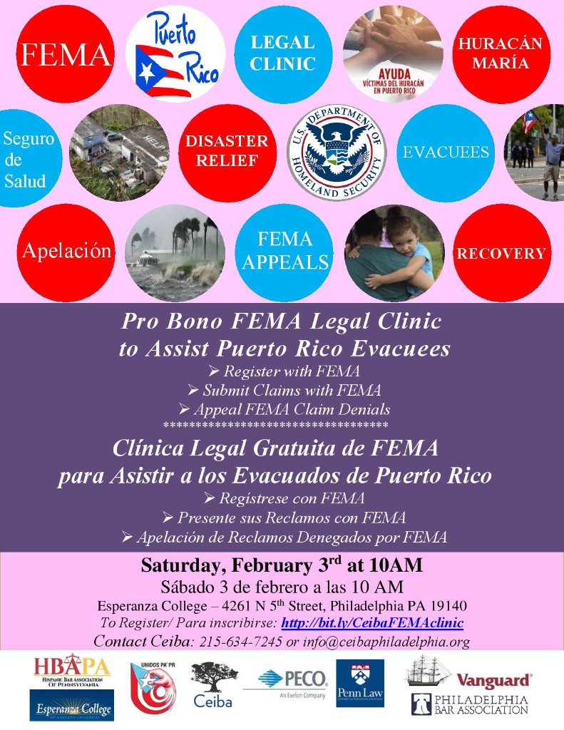 Sat, 2/3/18, Pro Bono FEMA Legal Clinic to Help P.R. Evacuees –  Disaster Relief