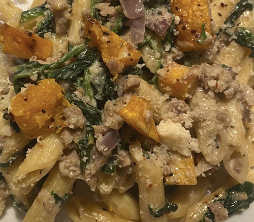 Creamy Roasted Butternut Squash, Penne, Sausage & Spinach