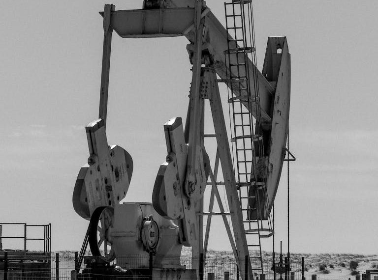 Monochrome image of an oil pump in rural Arcachon, France, capturing industrial essence.