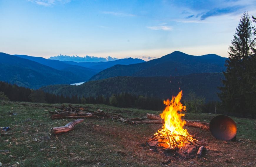 Cozy campfire against a mountain backdrop at twilight in Valea Drăganului, Romania.