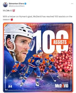 McDavid Has Reached 100 Assists This Season!